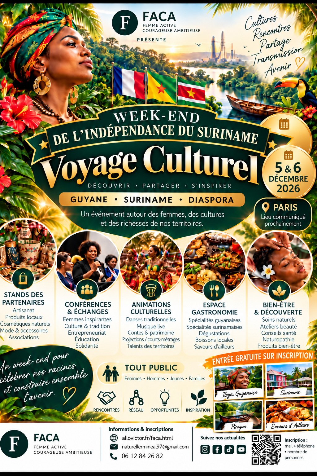 Flyer officiel FACA : Week-end de l'indépendance du Suriname, voyage culturel Guyane–Suriname à Paris, les 5 et 6 décembre 2026 ; exposants, conférences, spectacles, gastronomie et bien-être.